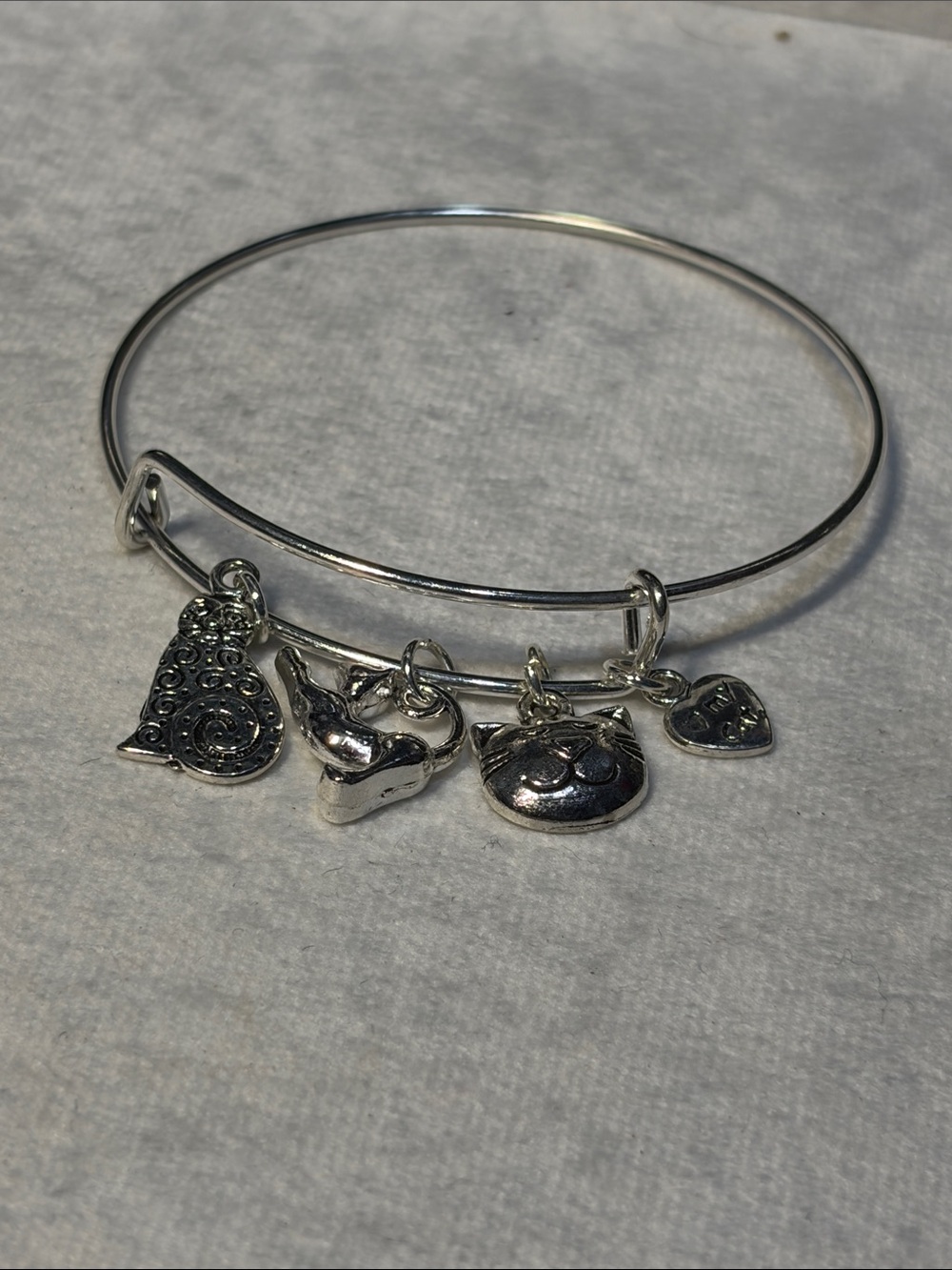 Cattitude Silver Cat Charm Adjustable Bangle Bracelet